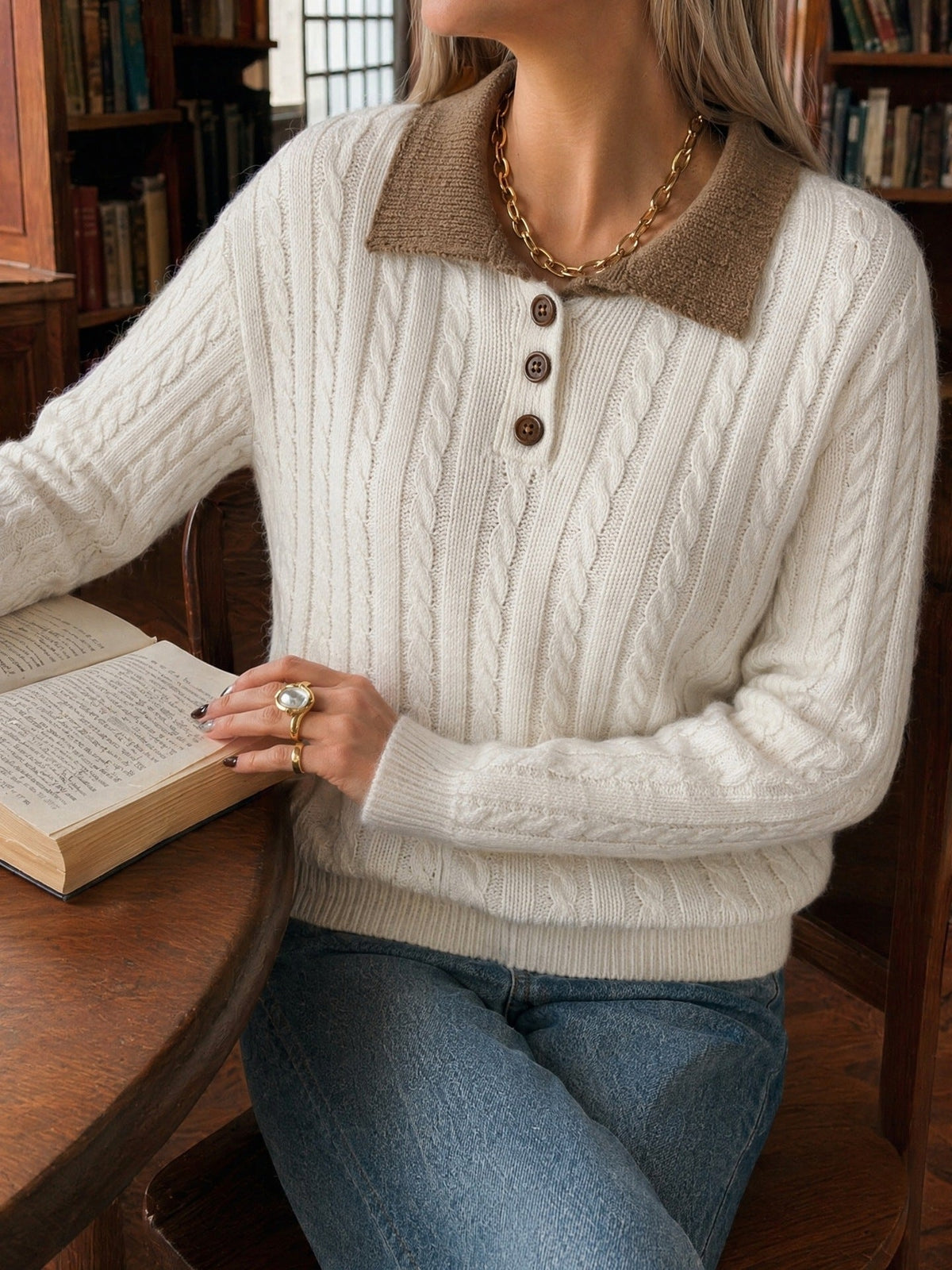Women's Cable Knit Polo Jumper in White