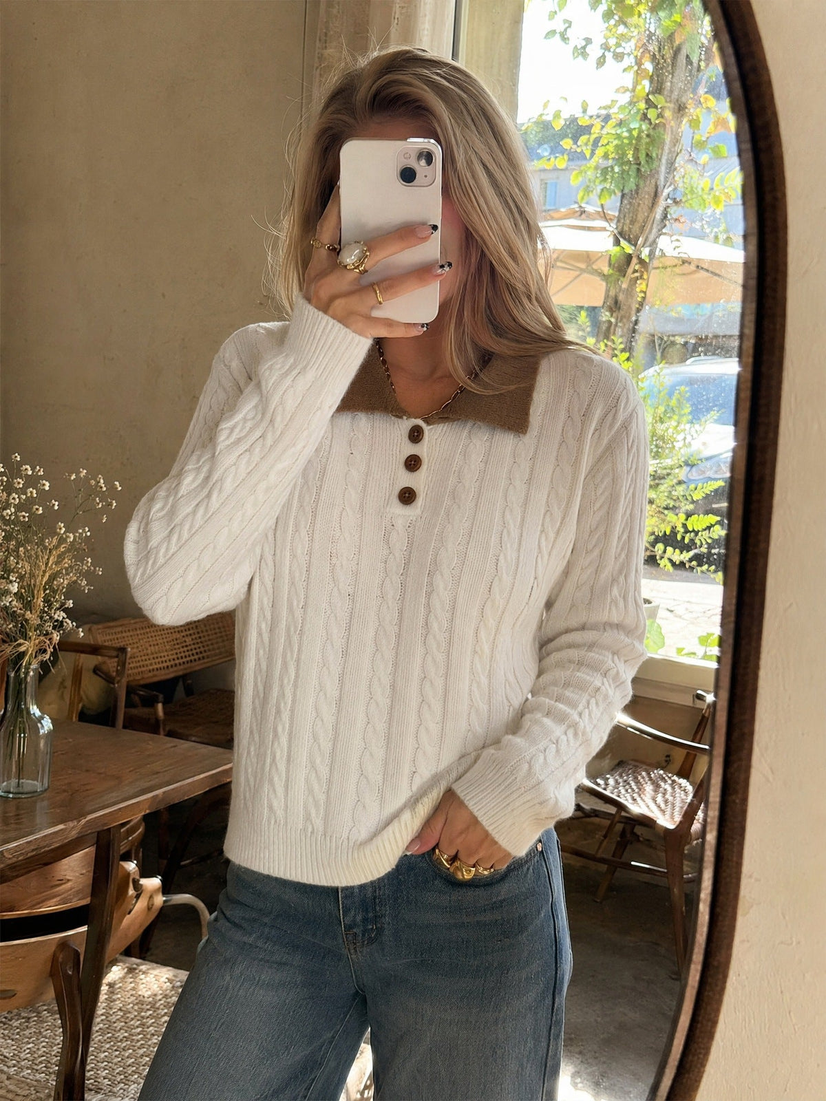 Women's Cable Knit Polo Jumper in White, view 2