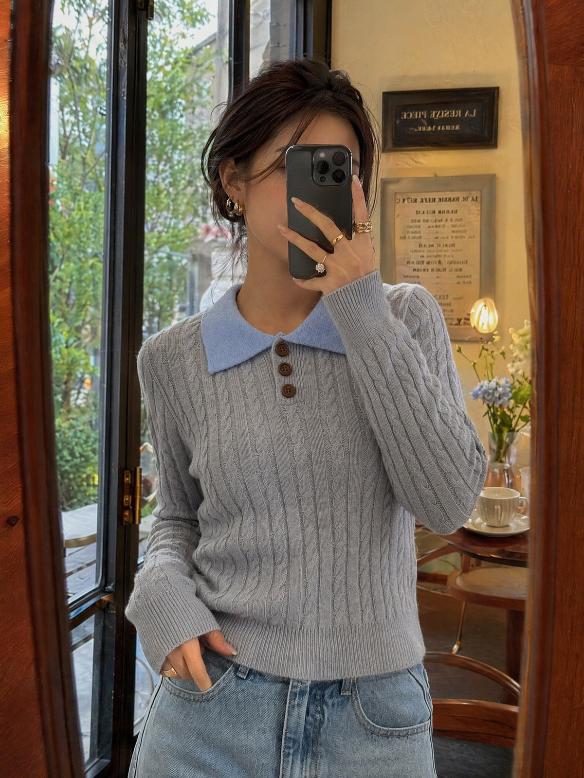 Women's Cable Knit Polo Jumper in Grey
