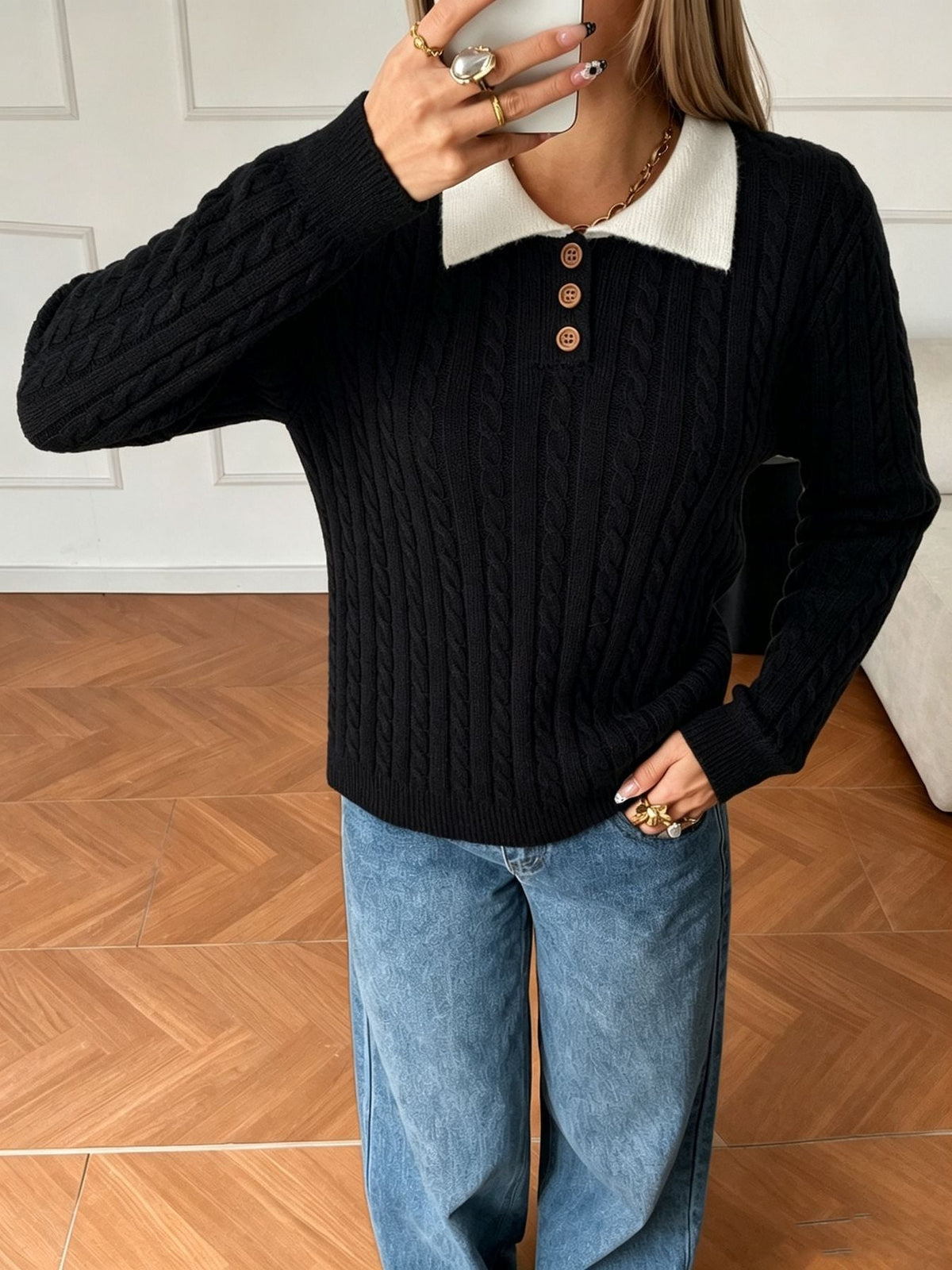 Women's Cable Knit Polo Jumper in Black