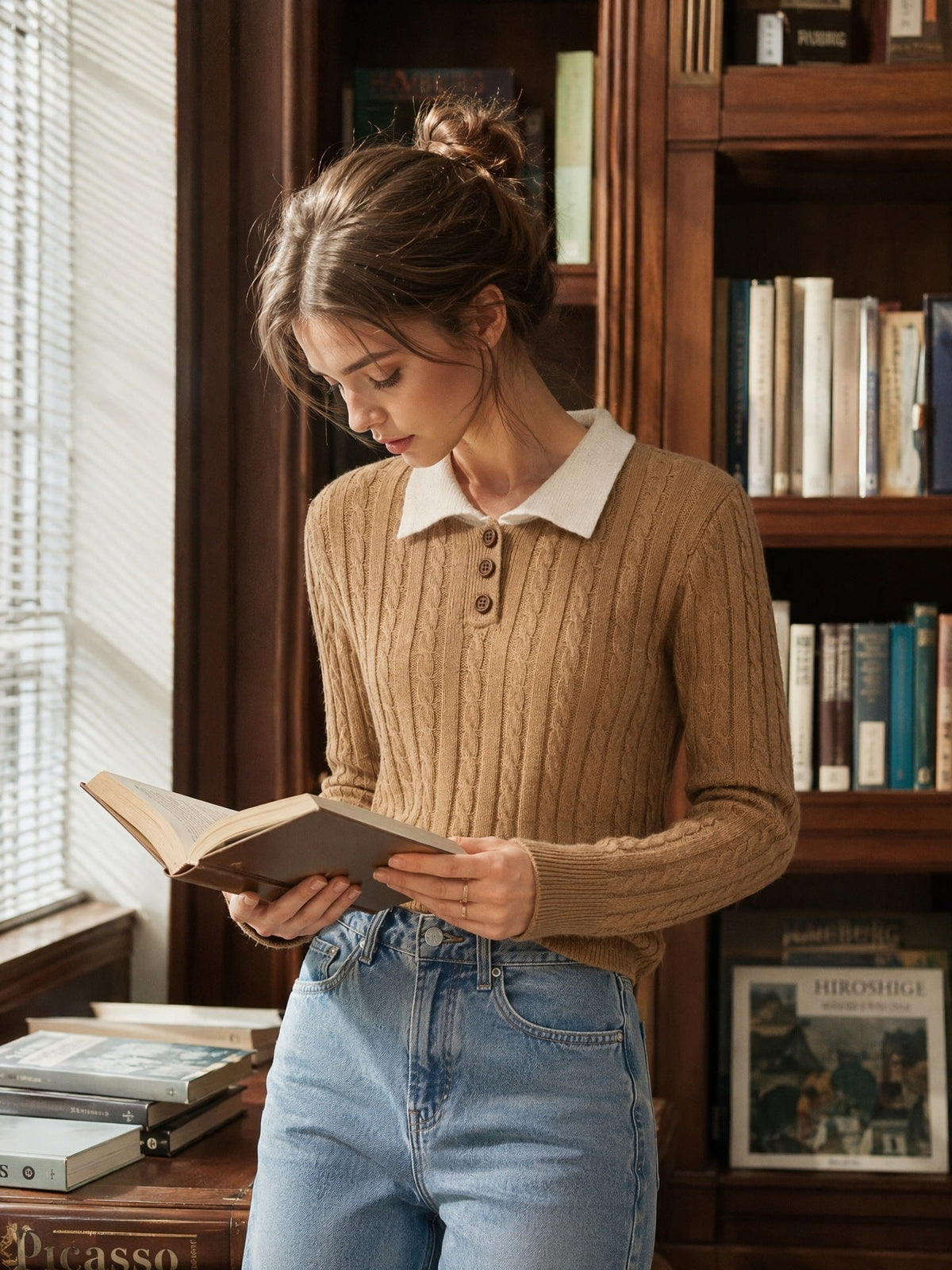 Women's Cable Knit Polo Jumper in Camel, view 2