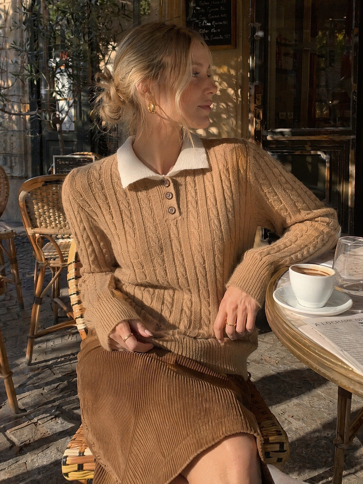 Women's Cable Knit Polo Jumper in Camel, view 3