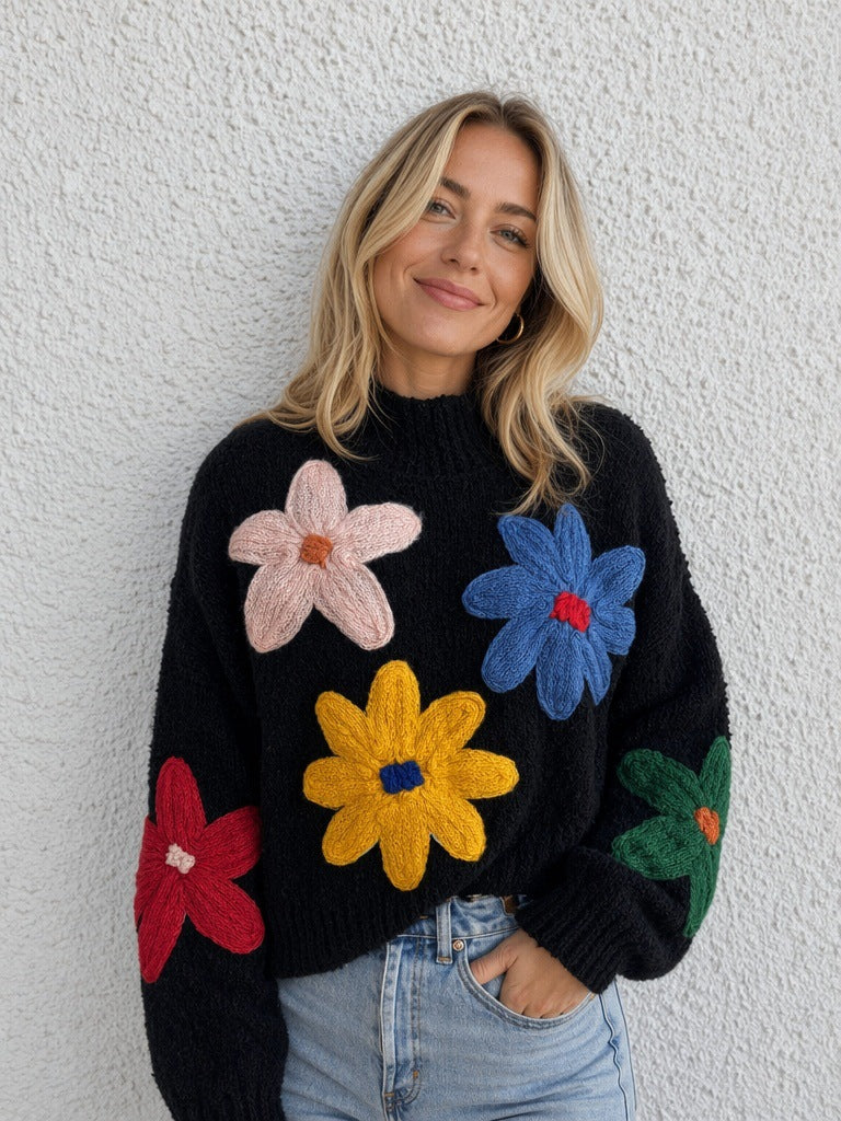 Women's Flower Applique Jumper in Black