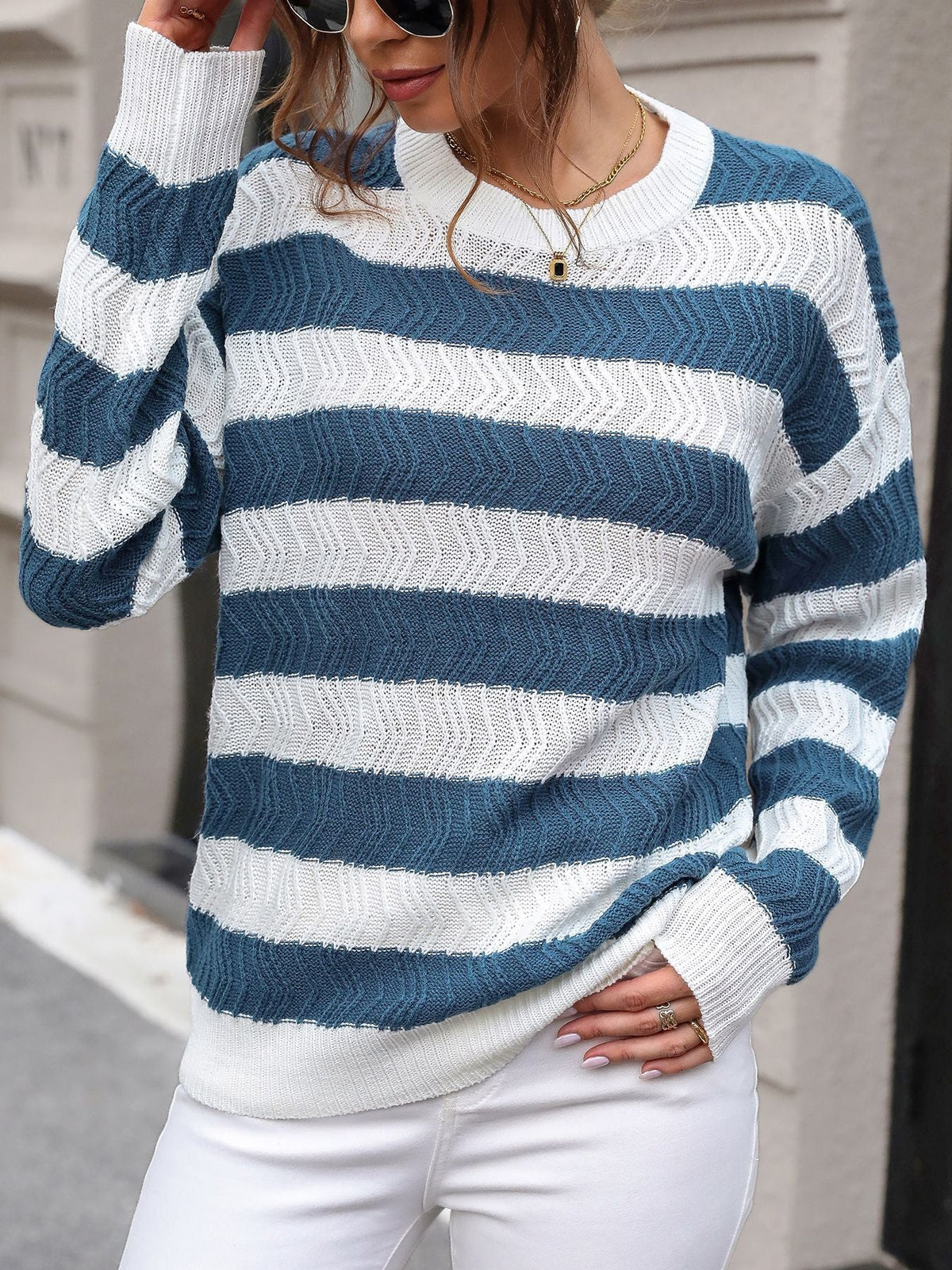 Women's Wide Stripe Jumper in Blue, view 3