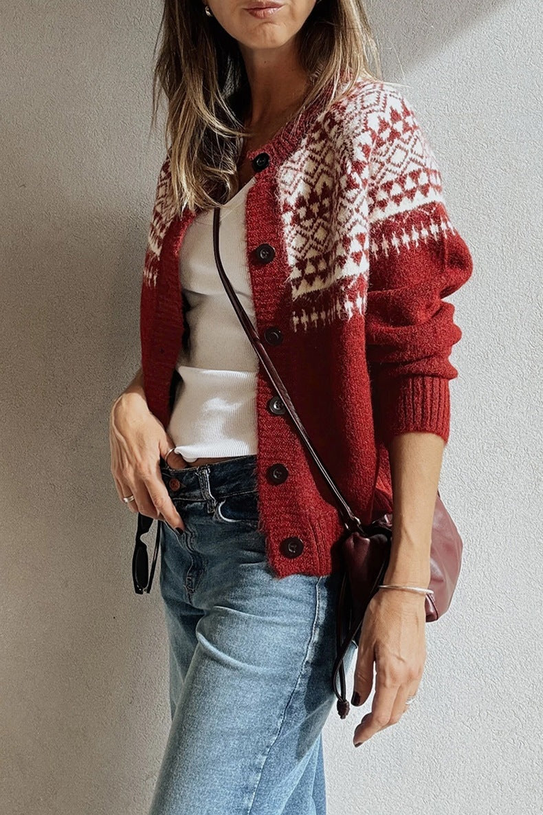 Women's Fair Isle Button Cardigan in Red, view 3