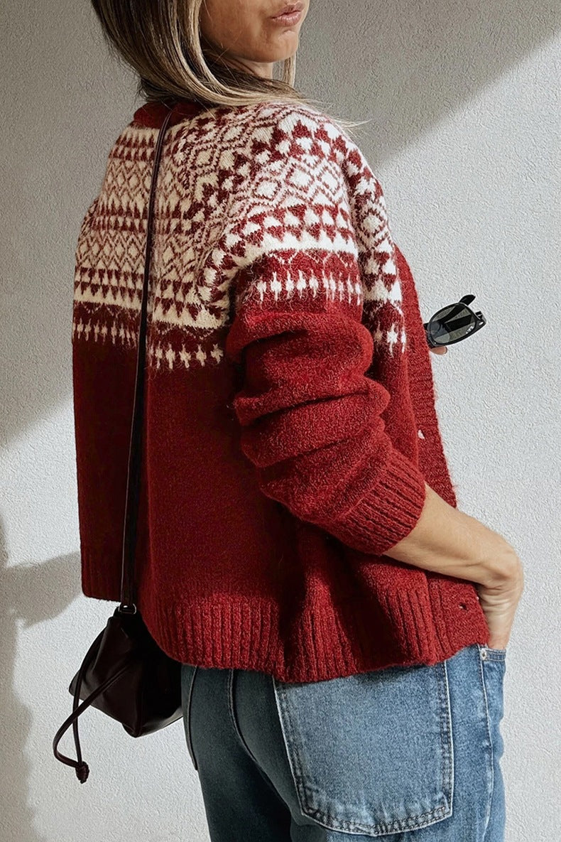 Women's Fair Isle Button Cardigan in Red, view 4
