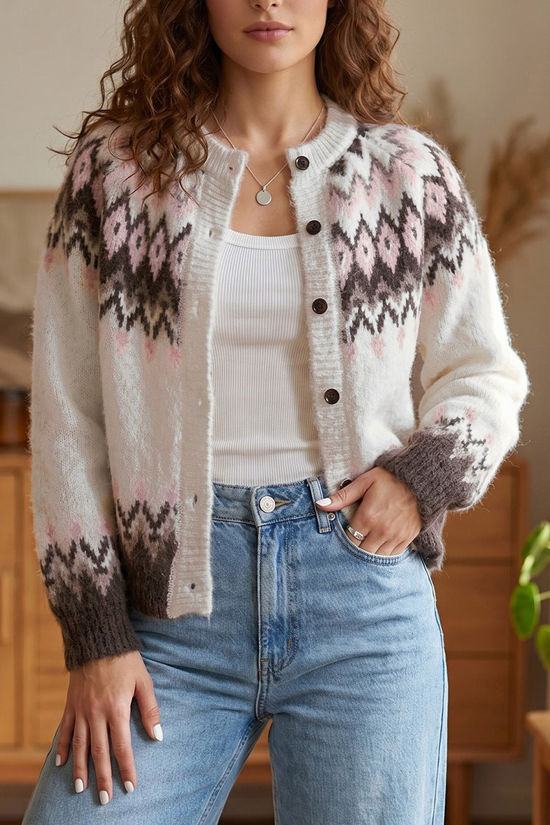Women's Nordic Button Cardigan in White, view 3