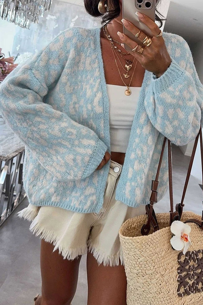 Women's Leopard Fuzzy Cardigan in Light Blue, view 2