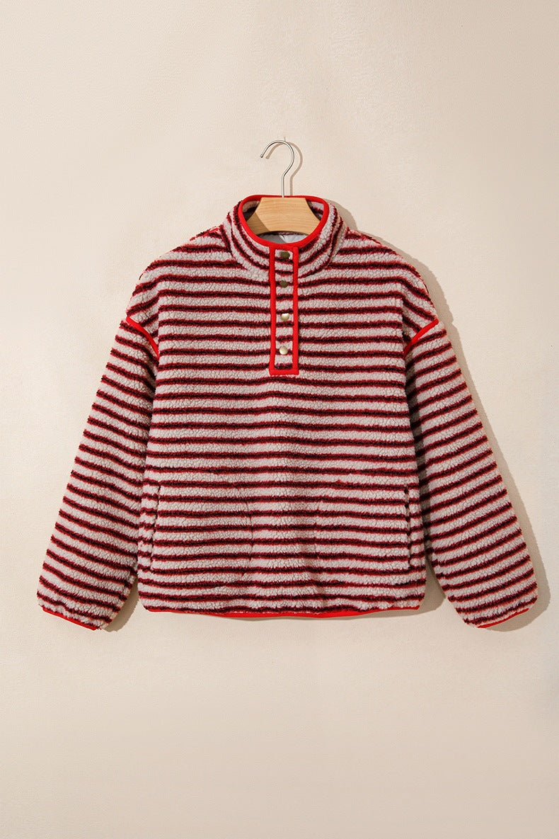 Women's Striped Sherpa Pullover in Red, view 4