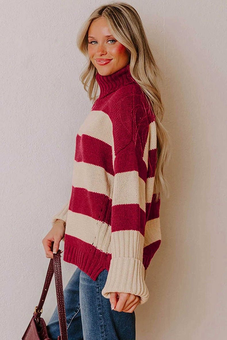Women's Striped Roll Neck Jumper in Red, view 2