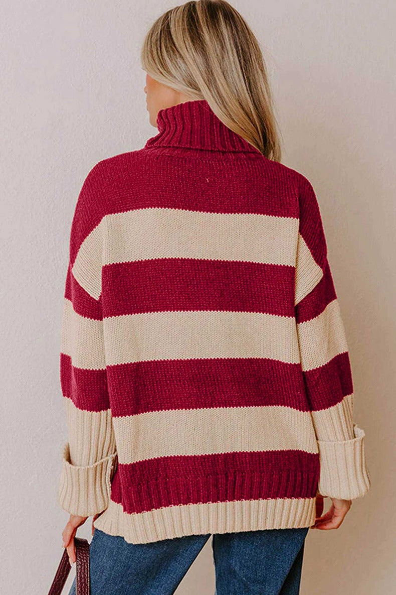 Women's Striped Roll Neck Jumper in Red, view 3