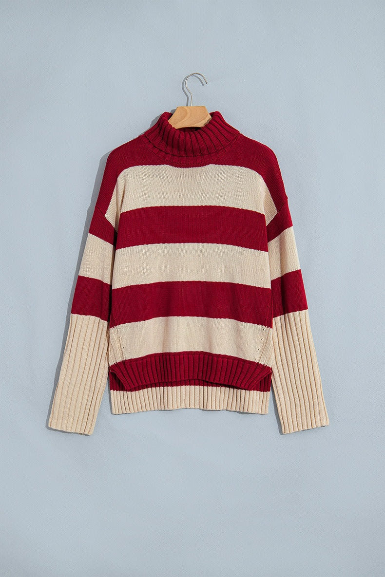 Women's Striped Roll Neck Jumper in Red, view 4