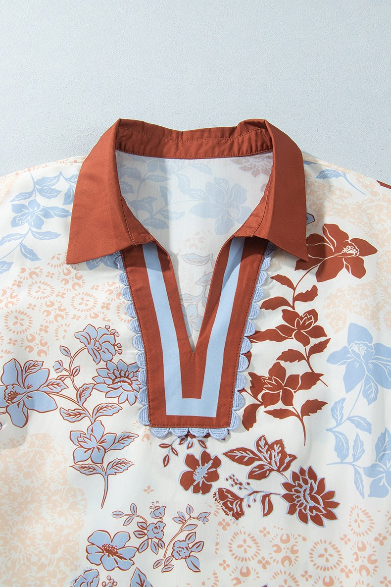 Women's Floral V Neck Blouse in Cream, view 4