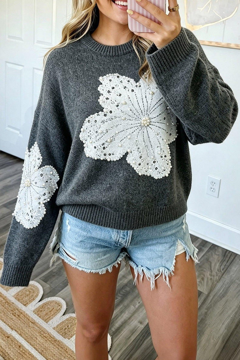 Women's Beaded Flower Jumper in Dark Grey