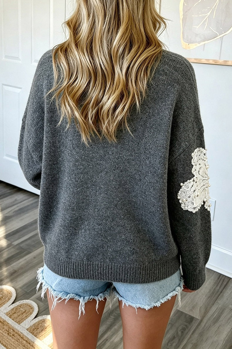 Women's Beaded Flower Jumper in Dark Grey, view 2