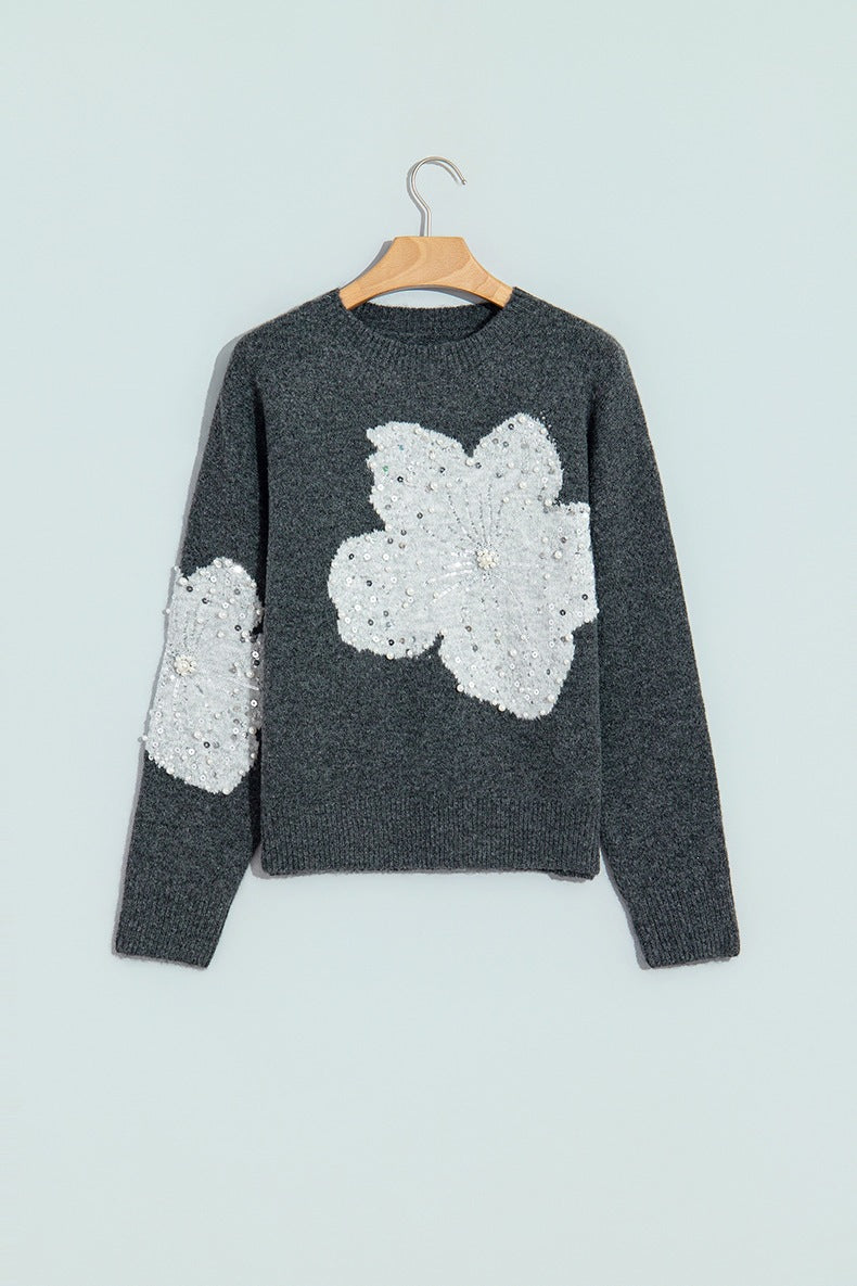 Women's Beaded Flower Jumper in Dark Grey, view 3