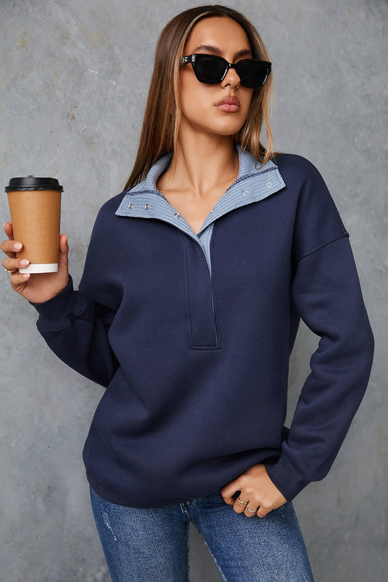 Women's Denim Collar Sweatshirt in Navy, view 2