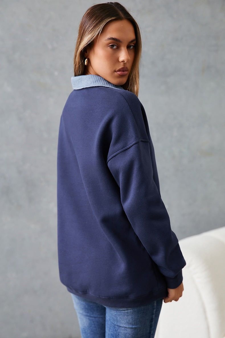 Women's Denim Collar Sweatshirt in Navy, view 3