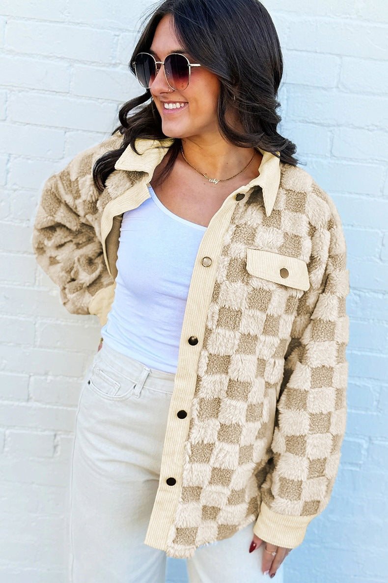 Women's Checkerboard Teddy Jacket in Beige, view 2
