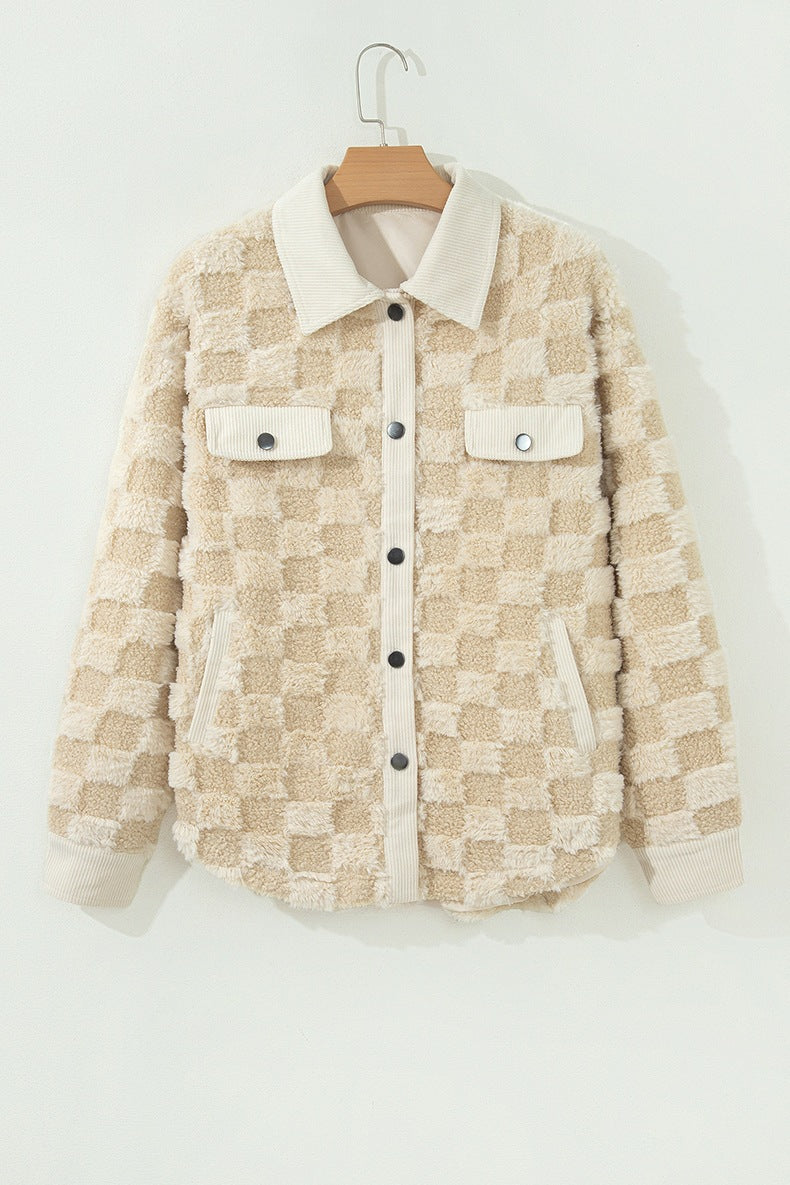 Women's Checkerboard Teddy Jacket in Beige, view 3