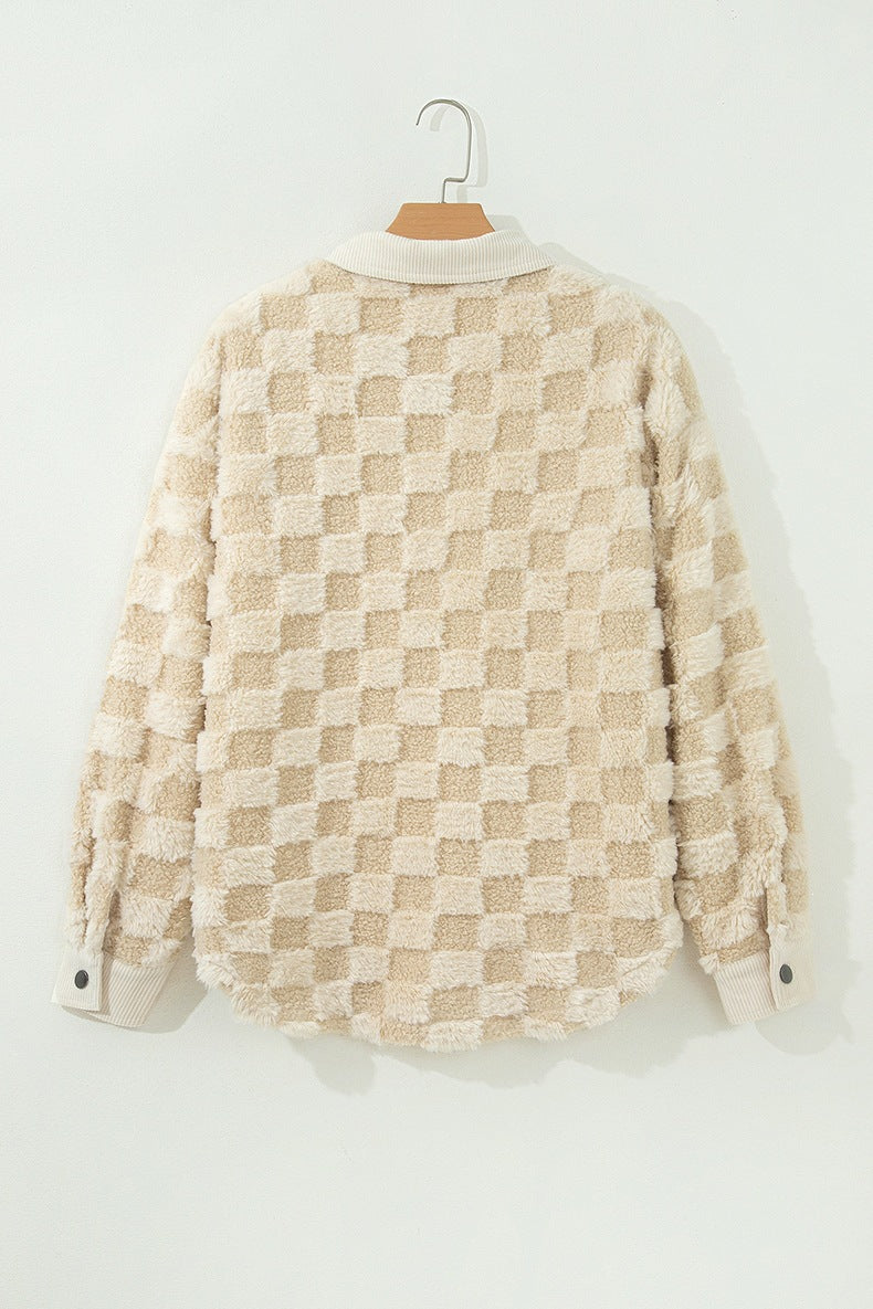 Women's Checkerboard Teddy Jacket in Beige, view 4