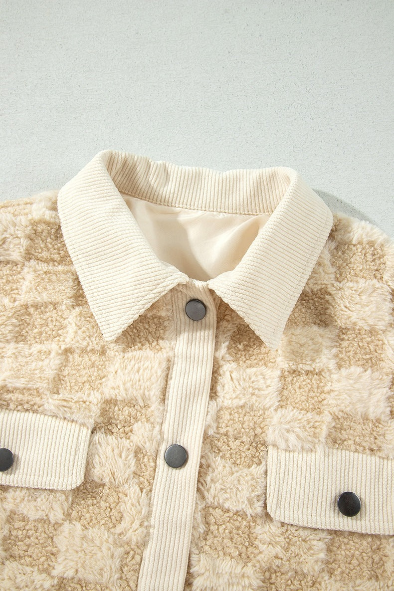 Women's Checkerboard Teddy Jacket in Beige, view 5