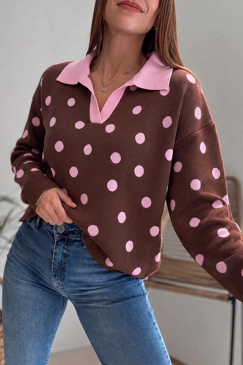 Women's Polka Dot Polo Jumper in Brown