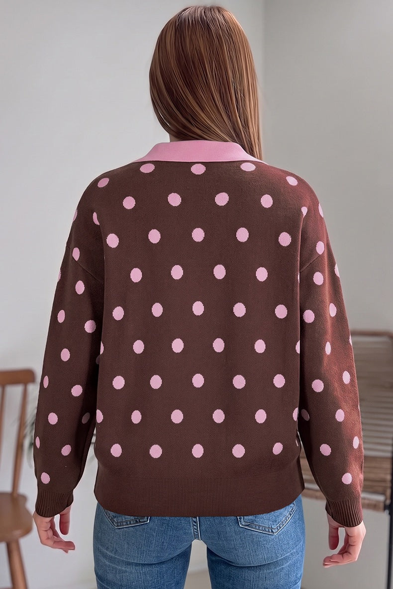 Women's Polka Dot Polo Jumper in Brown, view 2