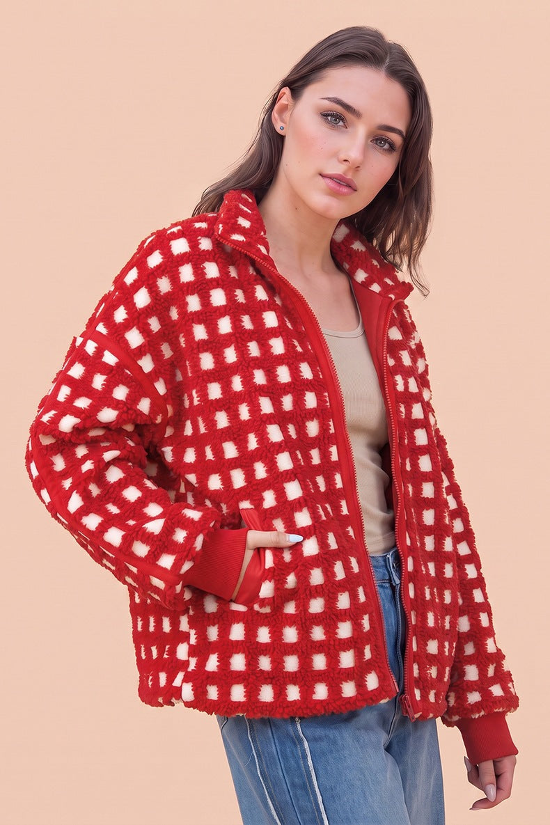 Women's Gingham Teddy Jacket in Red, view 2