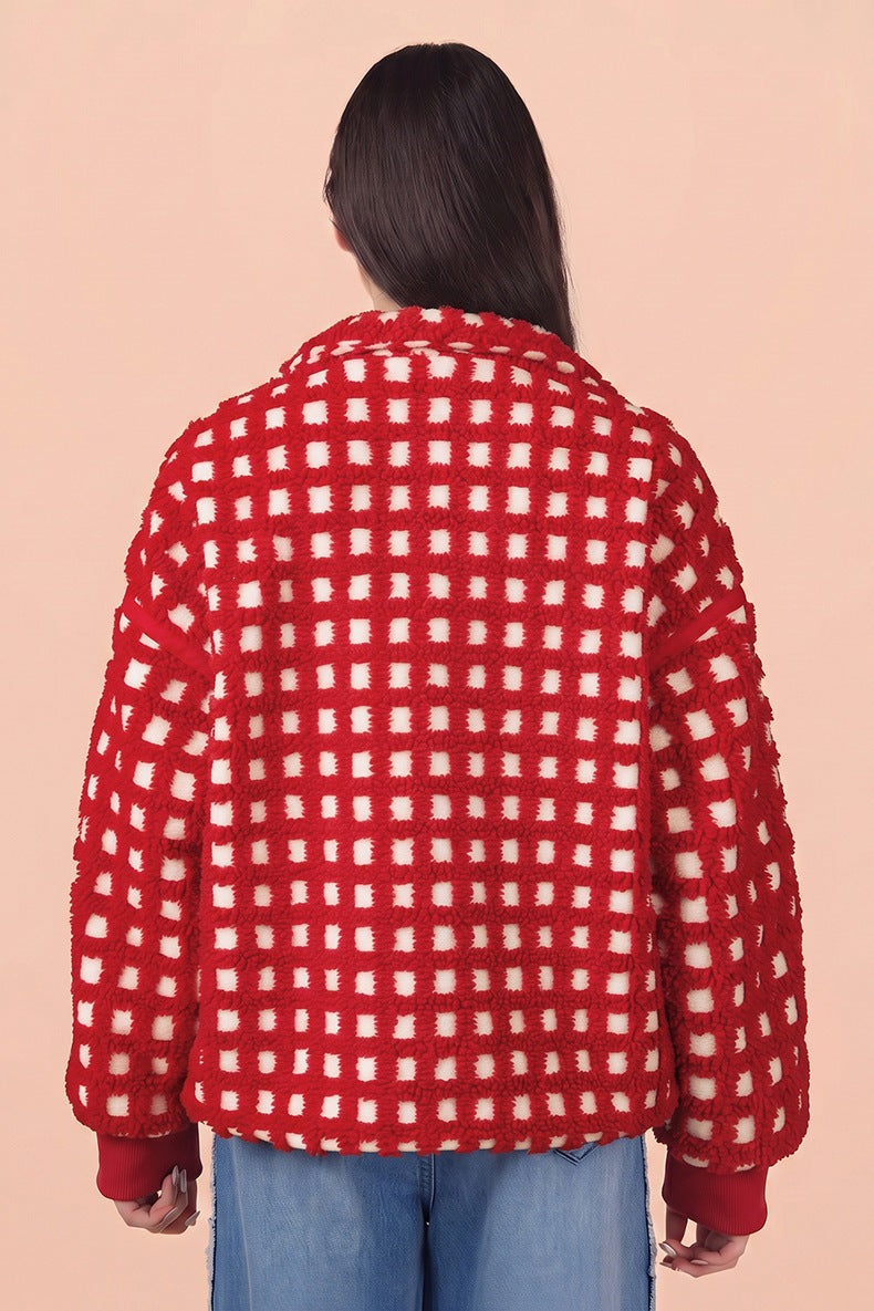Women's Gingham Teddy Jacket in Red, view 3