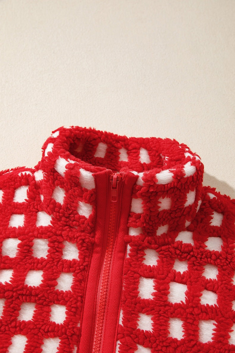 Women's Gingham Teddy Jacket in Red, view 5
