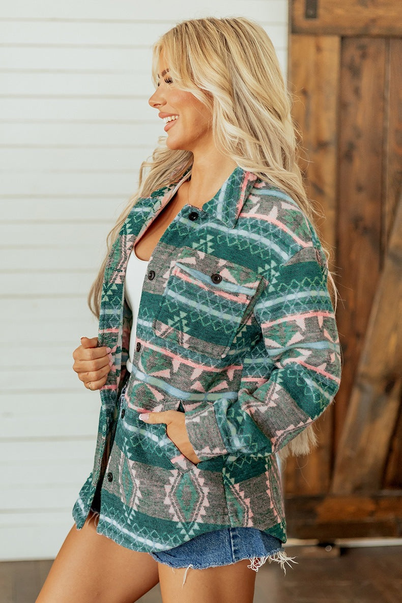 Women's Aztec Shirt Jacket in Green, view 3