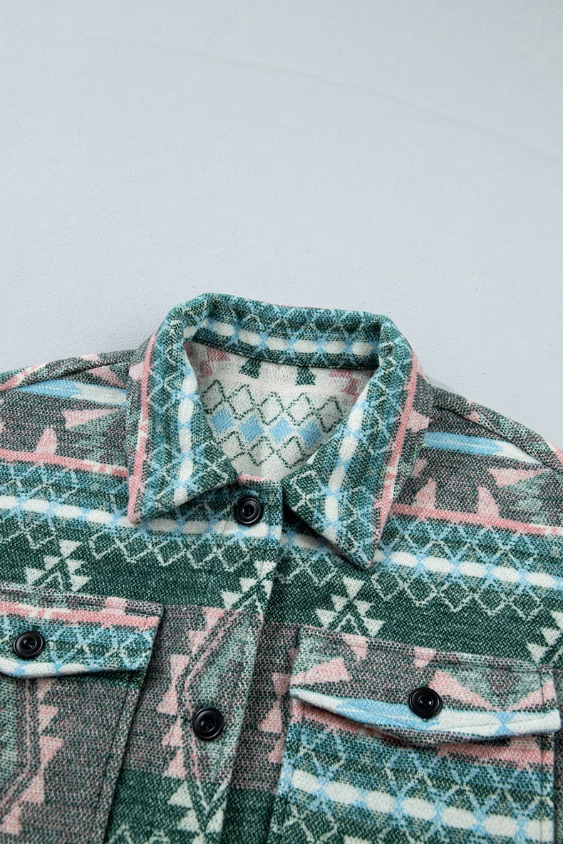 Women's Aztec Shirt Jacket in Green, view 7